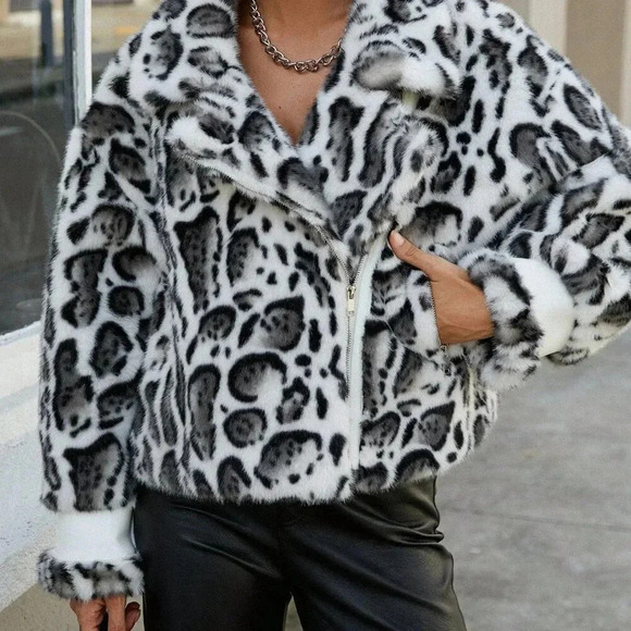 Black And White Casual Women's Leopard Print Fuzzy Fluffy Turndown Jacket - Picture 4 of 6